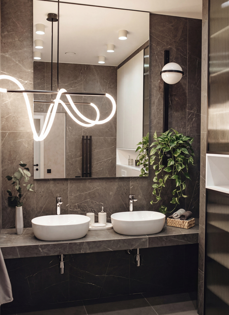 светильник с растением, керамогранит под мрамор, графит в интерьере