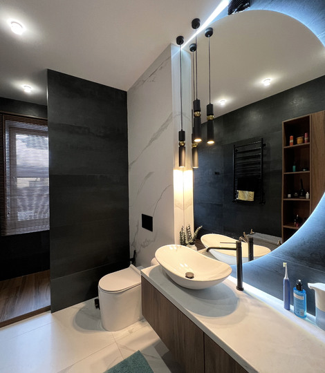 круглое зеркало с подсветкой, керамогранит графит