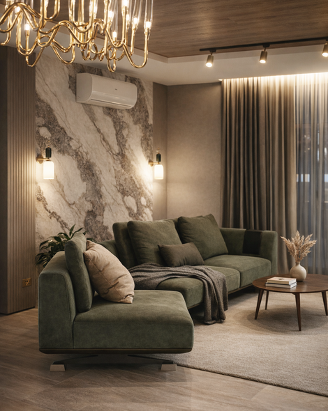 зеленая обивка, мраморное панноЮ широкоформатный керамогранит, золотая люстра, золотые споты софиты